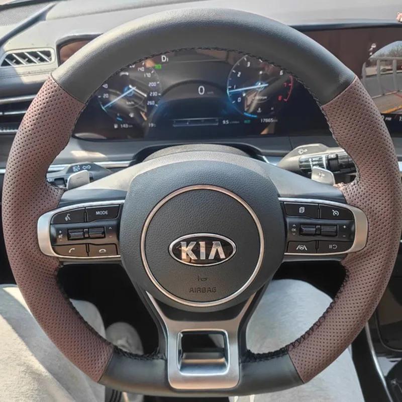 

Hand Stitched Black brown Genuine Leather car Steering Wheel Cover 100% For KIA K5 DL3 2020-2022 Sportage 5 GT-Line 2021-2023