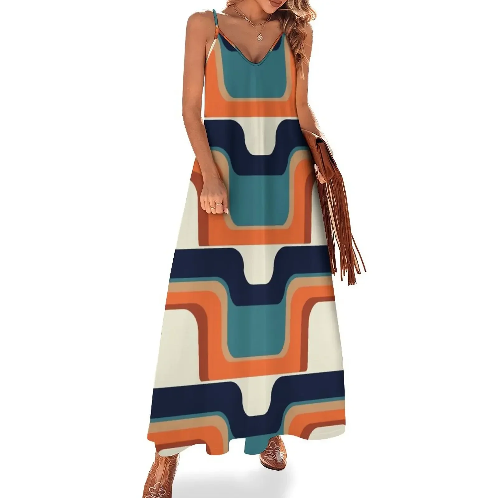 

Mid-Century Modern Meets 1970s Orange & Blue Sleeveless Dress women's luxury party dress Dresses gala Dress