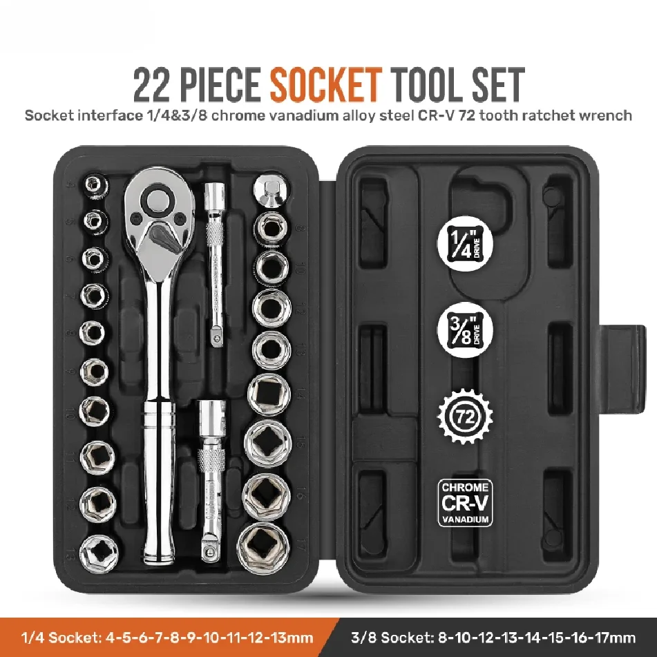 

Набор торцевых ключей 1/4 дюйма и 3/8 дюйма, 22 предмета, набор инструментов для авторемонта с трещоткой, шестигранными головками, чехлом и сумкой для автомобиля/дома своими руками