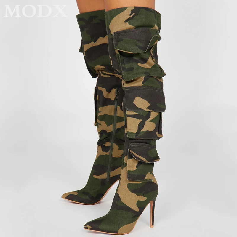 Camouflage Pocket Design Women Long Boots Crocodile Printed Pointed Toe Thin High Heel Boots Fashion Splicing Slim Winter Shoes