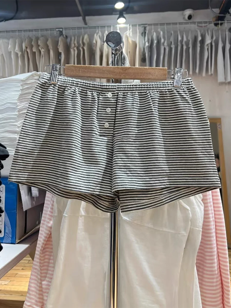 

Gray Striped Cotton Shorts Women Summer Buttons Elastic Waist Straight Short Pant Casual Vintage Home Cozy Sweatshorts New Y2k