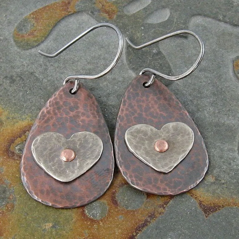 Vintage Red Copper Color Metal Geometry Waterdrop Heart Dangle Earrings for Women Jewelry