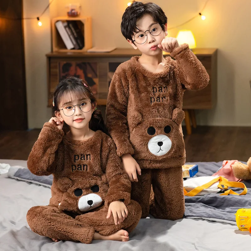 Herfst Winter Pluche Pyjama Voor Kinderen Cartoon Schattige Pyjama Set Jongen Meisje Warm Huis Kleding Koraal Fleece Tweedelige Pyjama