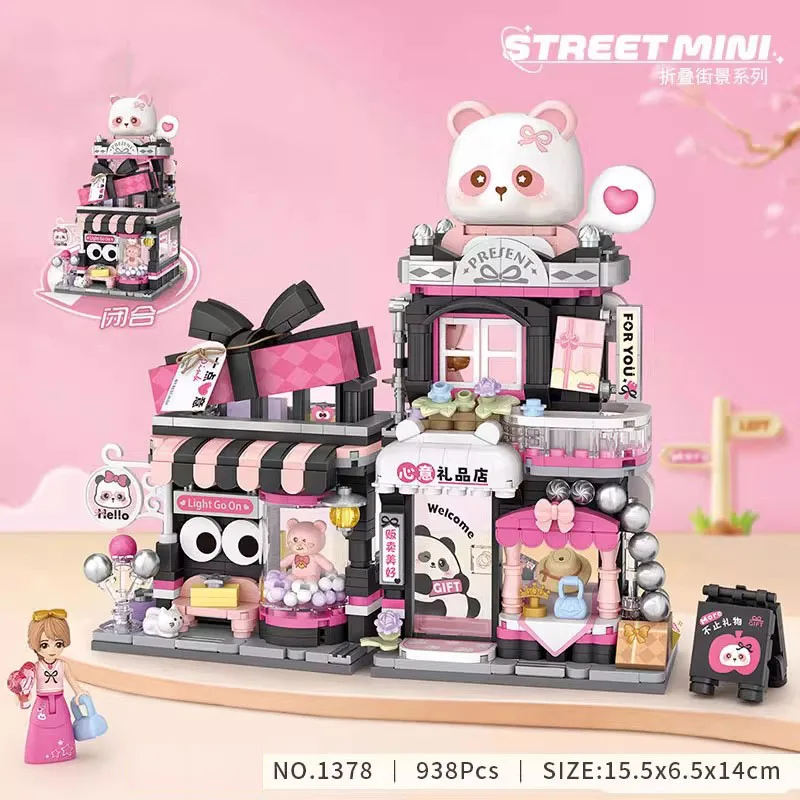 

Panda Tea Room, Little Bear Coffee Shop, Street View Architectural Model DIY Assembly Building Blocks Puzzle Toys Christmas