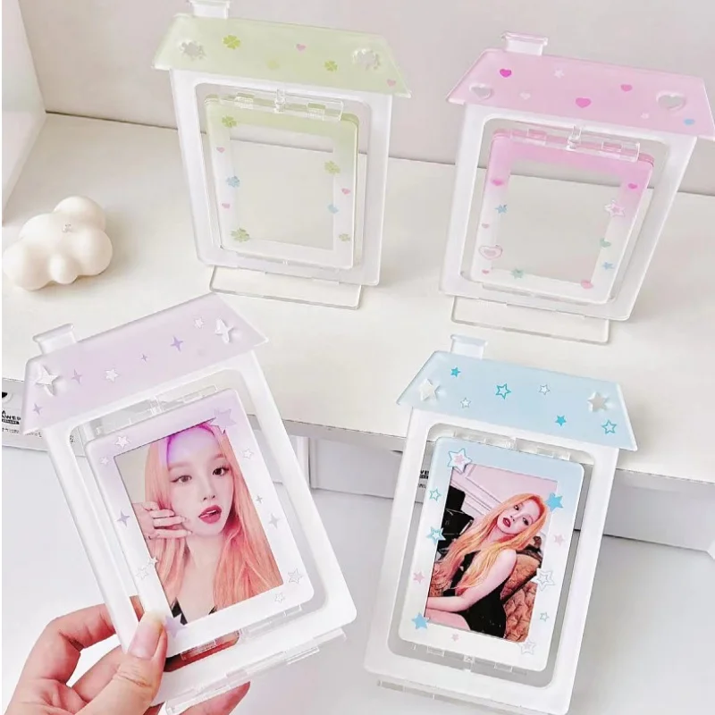 Kawaii Ins Desktop Standing 3inch Rotating Photo Card Holder Cute Star House Idol Photocard Stand Holder Stationery