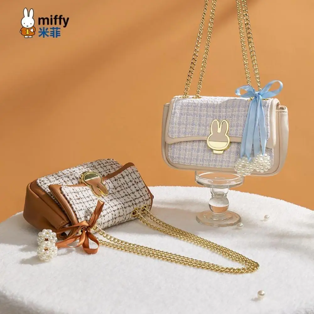

Твидовая сумка через плечо Miffy, коричнево-белая с пряжкой в виде кролика, жемчужный декор, милая модная сумка для женщин, элегантная повседневная сумка на каждый день