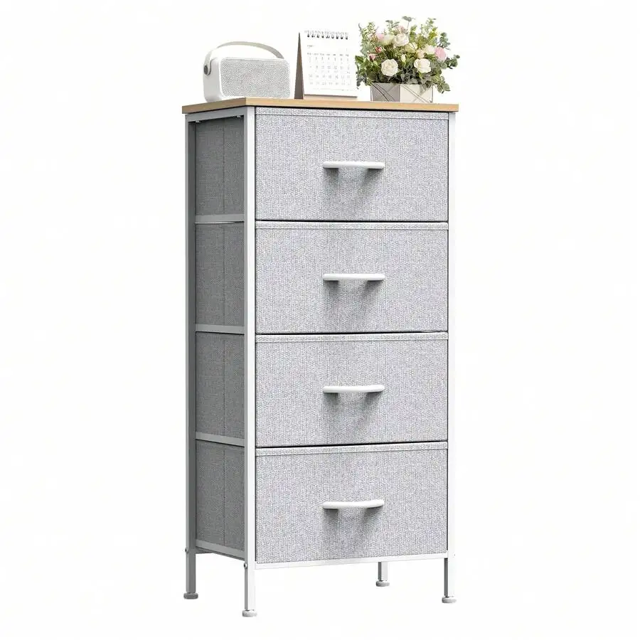 4-Bin Wooden Top Cabinet – Nightstand Dresser For Closet, Bedroom & Living Room. 4 Fabric Drawers. Versatile Storage. Durable Co