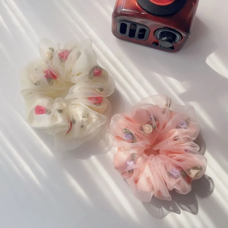 Chiffon Large Intestine Hair Ring Flower Double Layer Tie Ponytail Hair String Girl Rubber Band for Bun Haircut Scrunchie