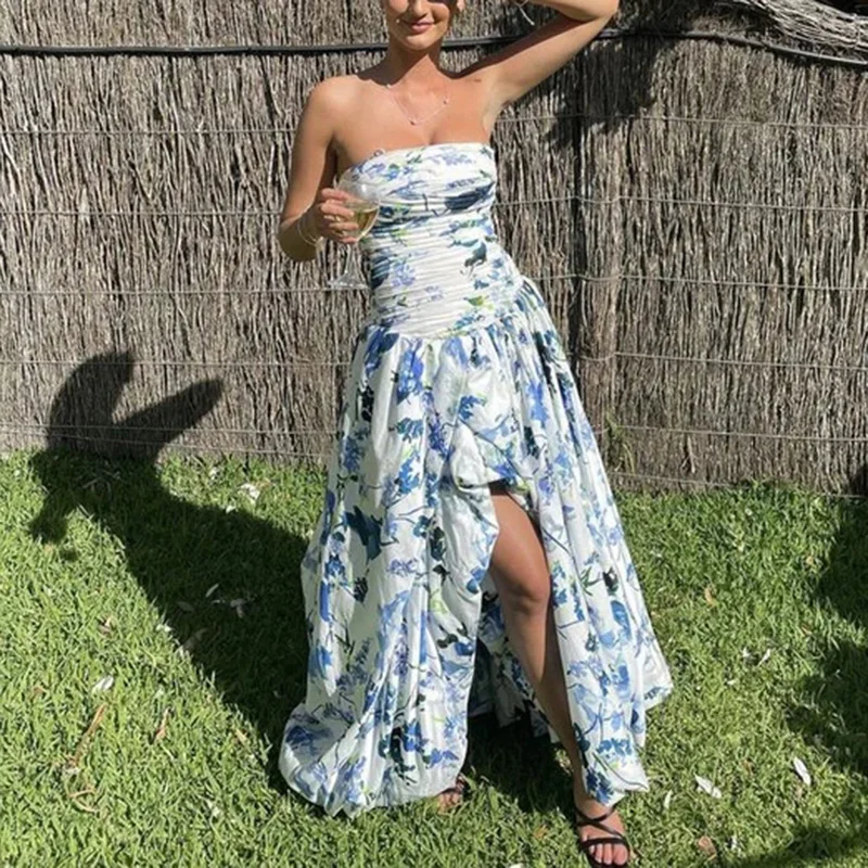 

Colorblok Printing Tutu Dresses for Women Strapless High Waist Backless Split Sexy Catwalk Style Long Dress Female Fashion
