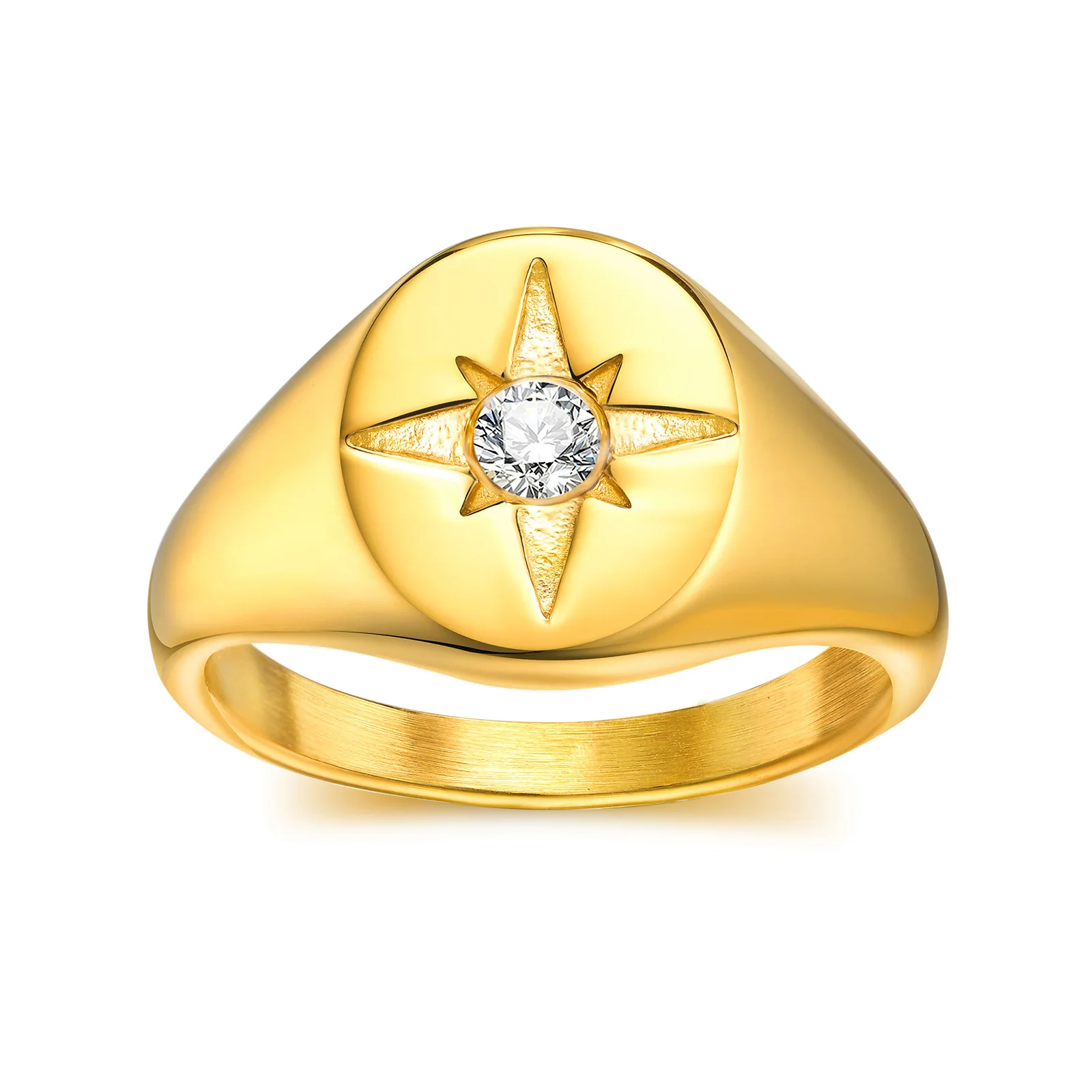 Women Star Signet Rings, Gold Color Solid Stainless Steel Round Top Finger Band, AAA CZ Stone Star Girl Anel