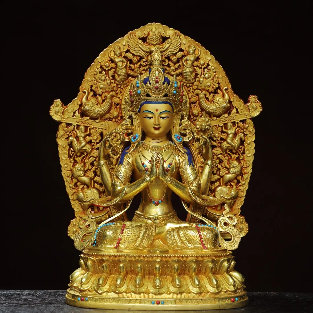 

13"Tibetan Temple Collection Old Bronze Gilded Mosaic Gem Four armed Guanyin Lotus Terrace Sitting Buddha Worship Hall