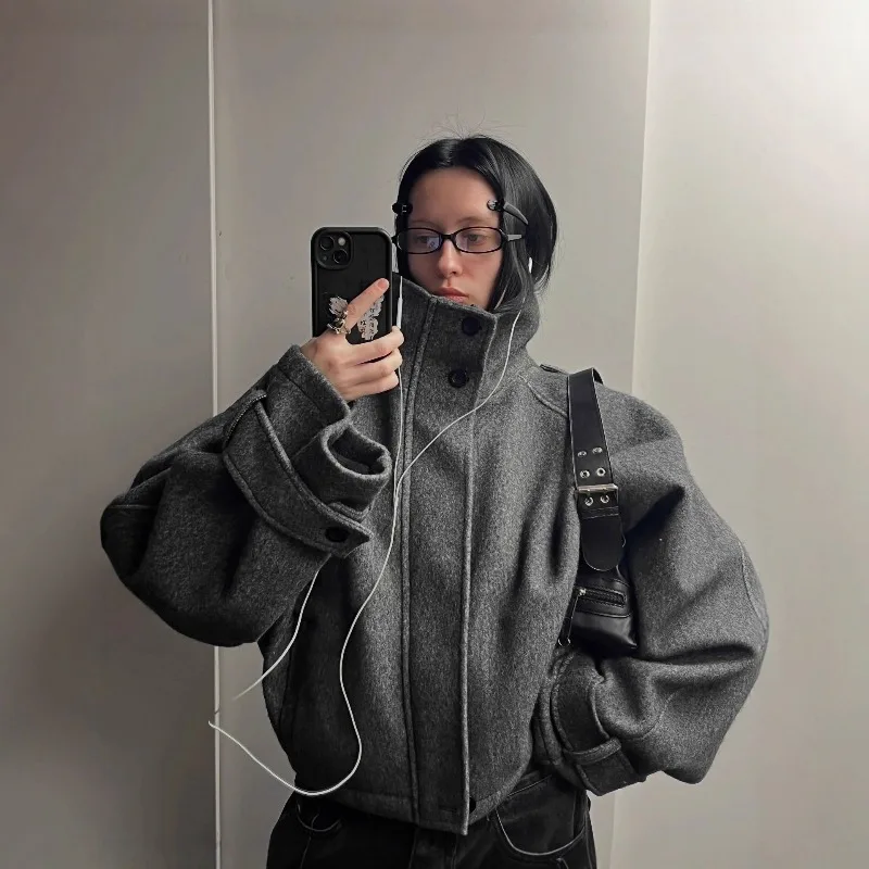 Cappotto in tweed con colletto alla coreana Vitnage per donna Cappotto corto in lana allentato Giacca autunnale da donna elegante Abbigliamento invernale femminile Capispalla