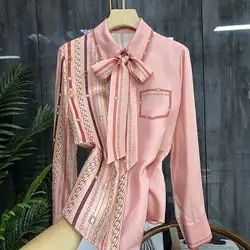 Women 2022 Autumn New Style Chain Streamer Imitation Silk Shirt Tops Mujer Camisas Mujer