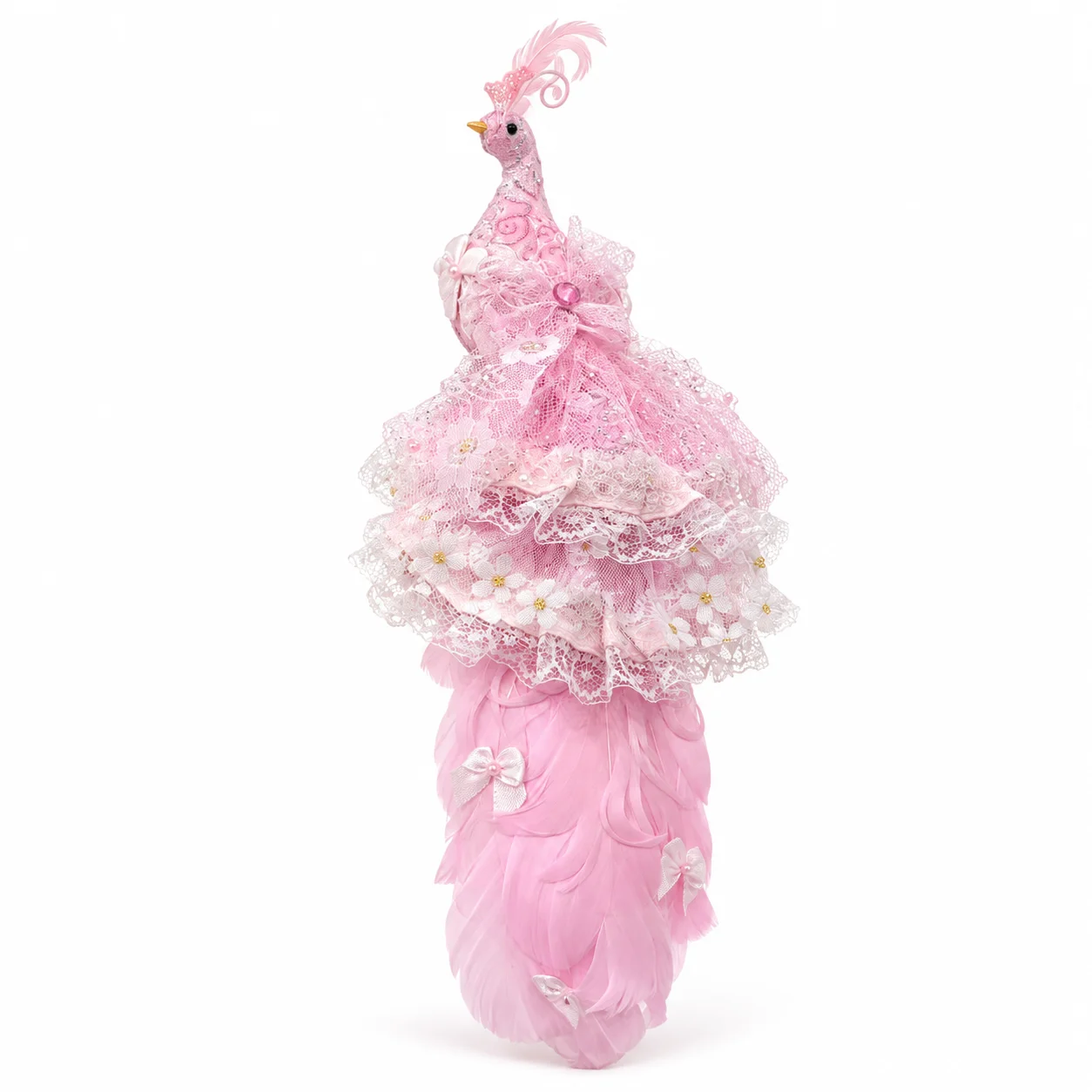 1PCS Pink Peacock Ornament Artificial Feather Simulation Bird Christmas Tree Decoration Lace Flower Peacock Figurine Wedding Hol