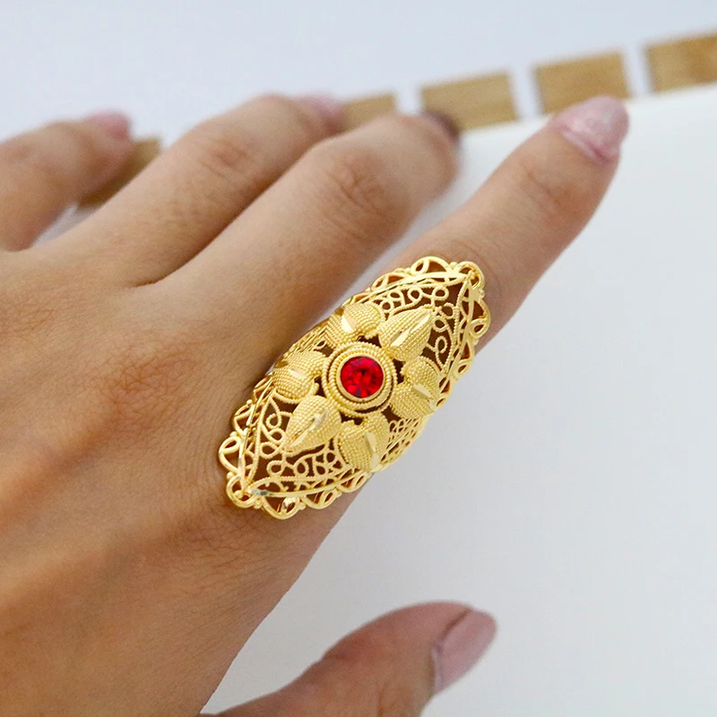 Red Lucky Stone Wedding Rings Women Free Size Golden Color Classic Africa 24k Middle East Jewelry Wholesale