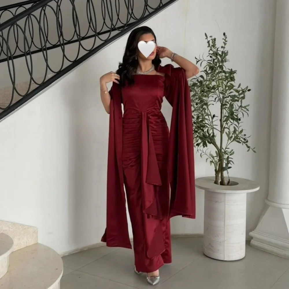 Customized Burgundy Pleat Ruched Draped Shawl Straight Strapless Long Dresses Evening Dresses Sizes Available High Quality
