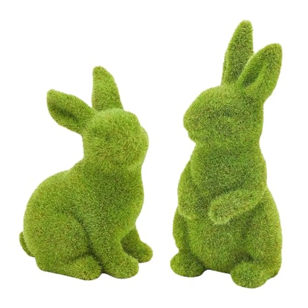 Easter Bunny Decor, 2pcs Flocked Bunny Moss Bunnies Spring Decor Resin Rabbit Figurines for Table Desk Easter Decorations