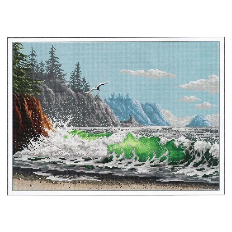 Amishop Top Quality Counted Cross Stitch Kit Humboldt Bay Sea Wave Cliff Scenery Landscape Embroidery Home Decorate