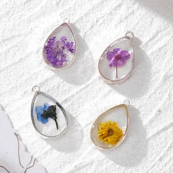 5Pcs Transparent Waterdrop Dried Flower Resin Charms Handmade Sweet Purple Yellow Flowers Pendant For Necklace Diy Jewelry Make