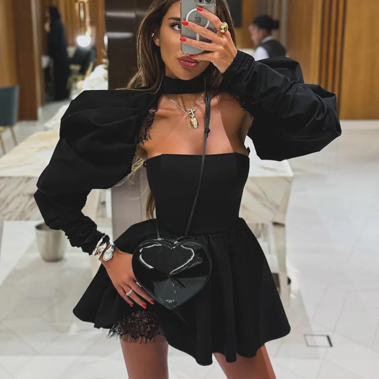 

Autumn Sexy Slim Black Women's Dress 2024 Bodycon Stand Collar Long Sleeve Mini Dresses Elegant Lace Spliced Female Dress