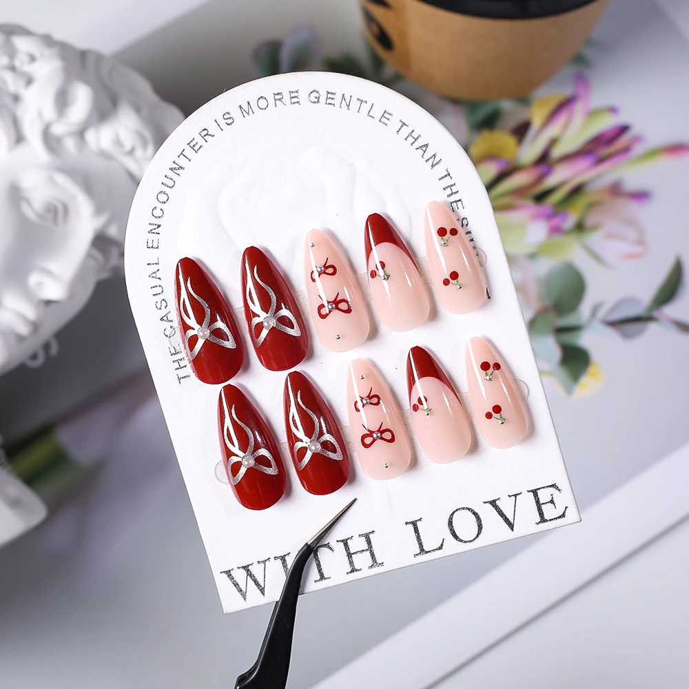 24pcs Red French Tip Press On Nails with Cherry & Bowknot Design Glossy Medium Almond Fake Nails Sweet Cool False Nails Manicure