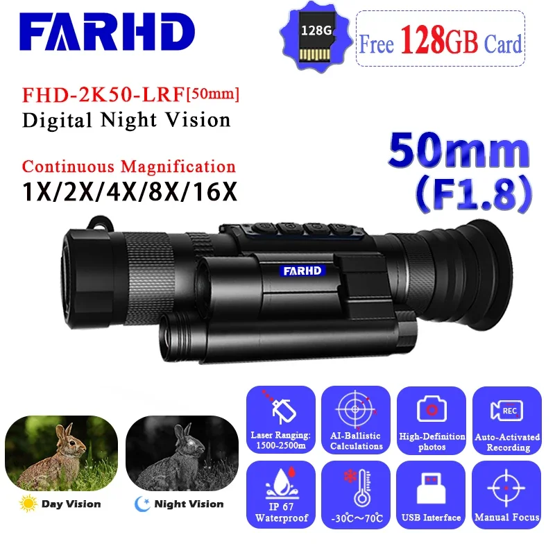 

FARHD-2K50-LRF 2K Digital Night Vision Telescope Binocular For Wildlife Observation Infrared Imaging Monocular