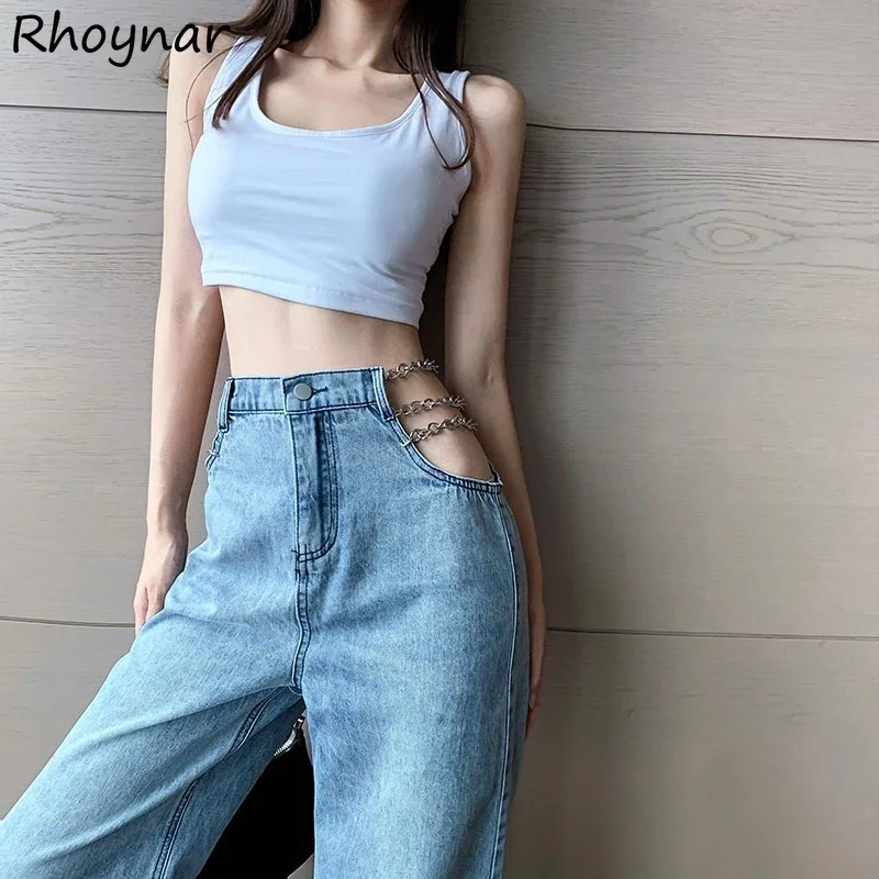 Straight Jeans Women High Waist Metal Decoration Chains Hollow Out Stylish Sexy Streetwear All-match Korean Style Y2K Ulzzang BF