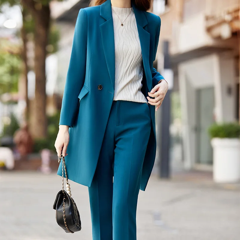 High End Office Professional Women\'s Blazer Pants 2-Piece Set Fall Fashion Long Female Jacket Over Business Suit Casual Trousers