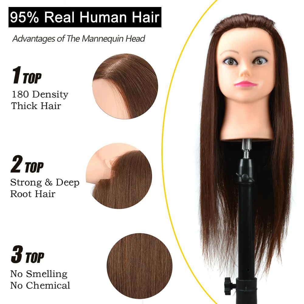 Mannequin Head 20 Inch Brown 95% Real Human Hair Training Hair Barber Mannequin Head Doll Hair Styling