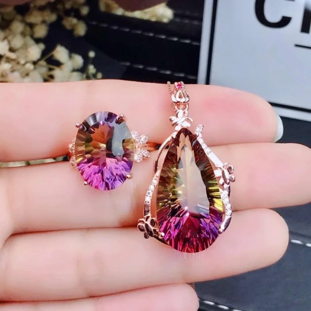 

Natural Amethyst Set 925 Sterling Silver Ladies Gemstone Pendant Necklace Ring Luxury Hot Sale Fine Jewelry