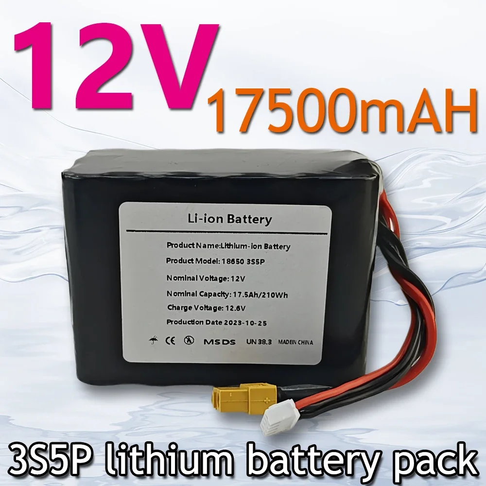 3S5P 12V 17.5Ah 12.6V Lithium Battery Pack 250Watt High Power for Motor Scooter Light Etc with 25A BMS XT60