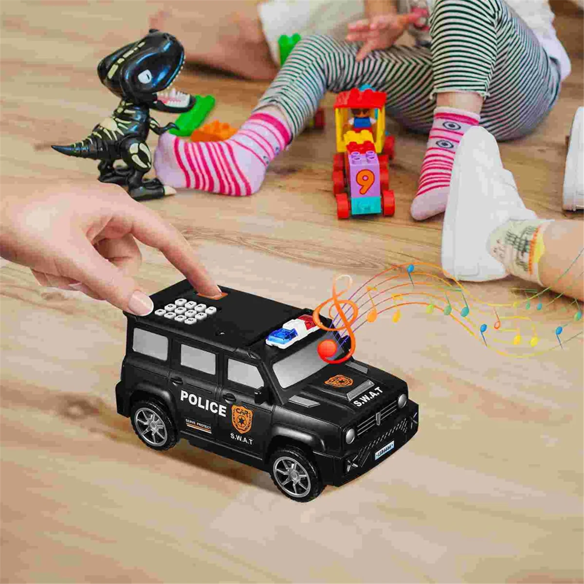 Digital Fingerprint Piggy Bank Police Car Kids Password Piggy Bank Money Box with Password for Kids Puzzle Locker