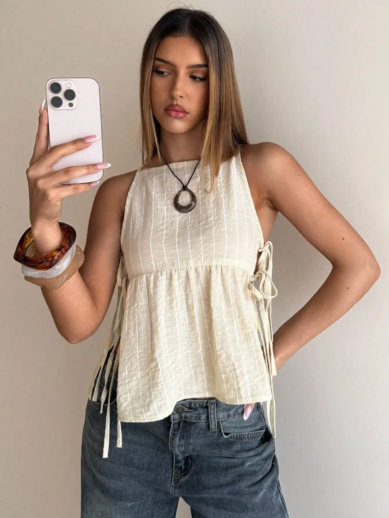 

Женский повседневный льняной топ без рукавов с завязками по бокам и полосками, укороченный, для летнего отдыха