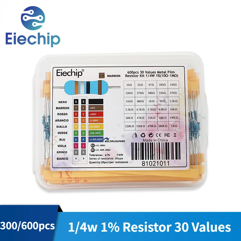300/600 adet 1/4w Metal film rezistans 30 değerler direnç kiti 10R-1M 0.25W 1% dirençler Set