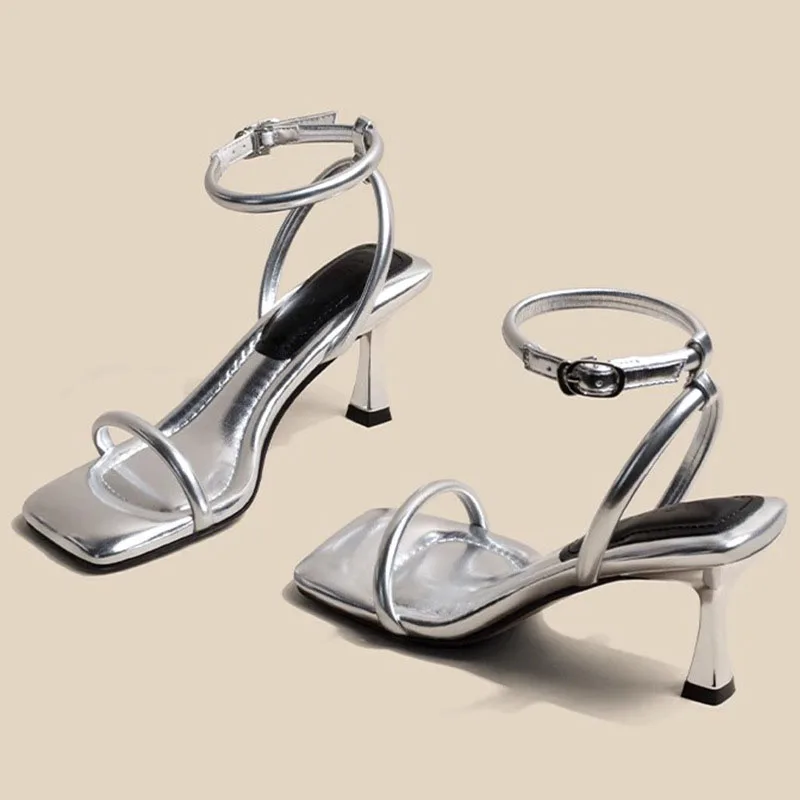 Black Ankle-Strap Buckle Sandal Summer Square Toe Ladies Stiletto High Heel Shoes Sexy Solid Thin Band Sandalias De Mujer Verano