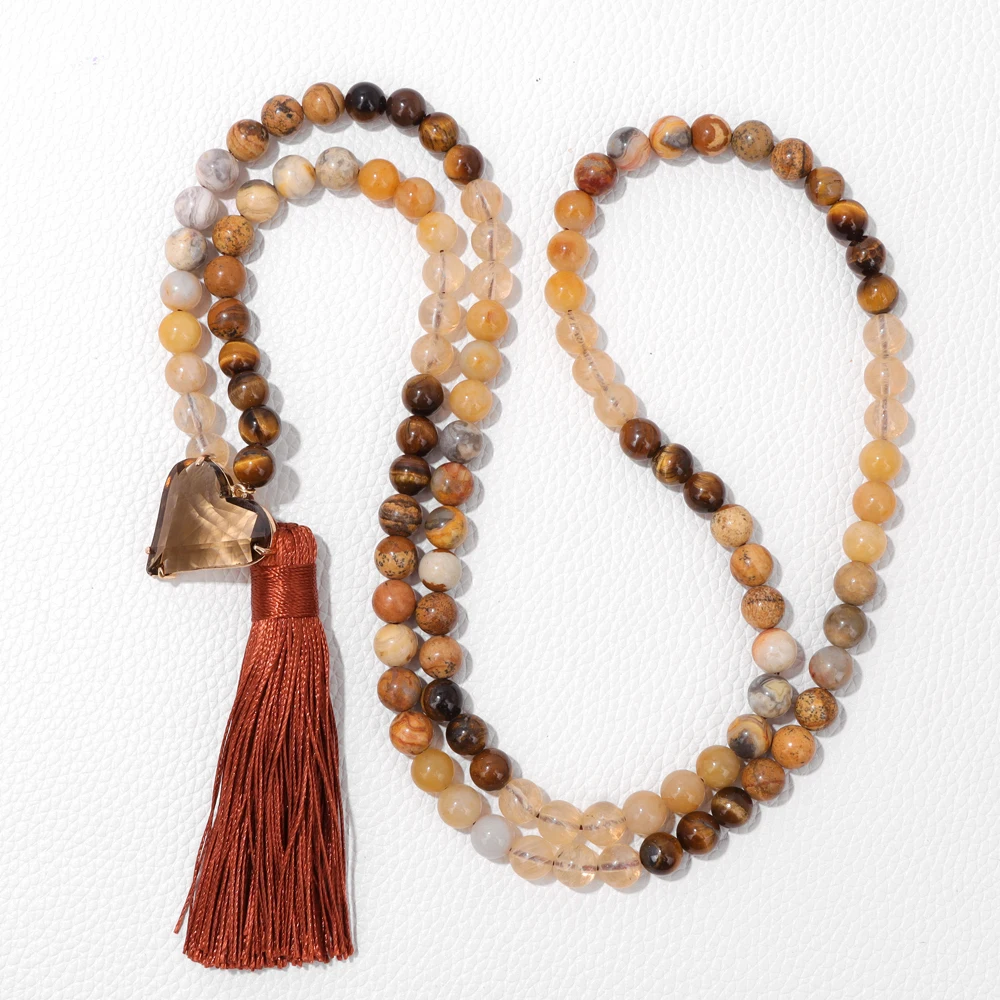 8mm Tiger Eye Crazy Agates Beads Necklace Tassels Crystal Charm Natural Stone Long Sweater Chain Necklaces For Women Men Jewelry