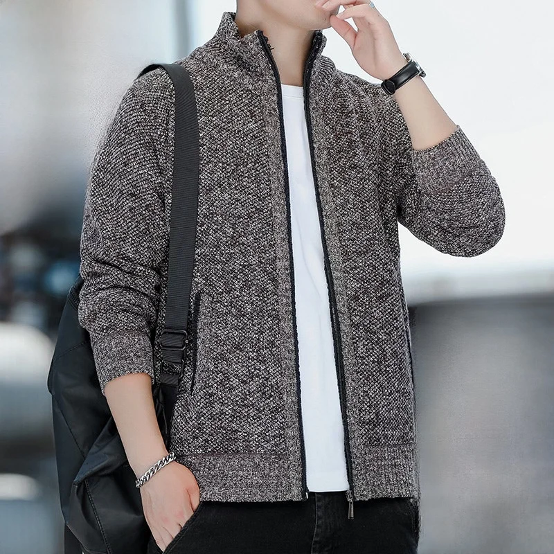 

Men's Fce Lined Knit Cardigan Casual Thiened Autumn Winter New Sle Versatile Zipper Jaet Outerwear Sli