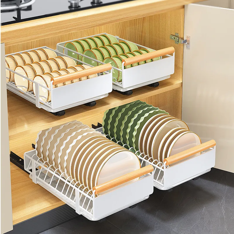 Non Punching Sliding Track Pull-out Dish and Seasoning Storage Rack Cabinet Drawer Style Sliding Kitchen Storage Rack