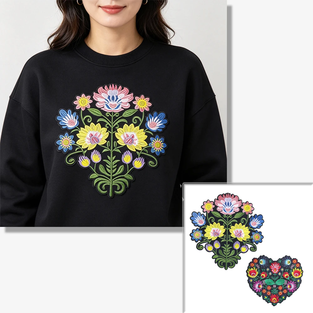 Herzblumenstrauß Bestickter Aufnäher zum Aufbügeln oder Aufnähen, Ethnische Blumenapplikation für Jacke, Hoodie, Pullover, Ethnisches Dekor, Geschenk für Frauen – Detail 1