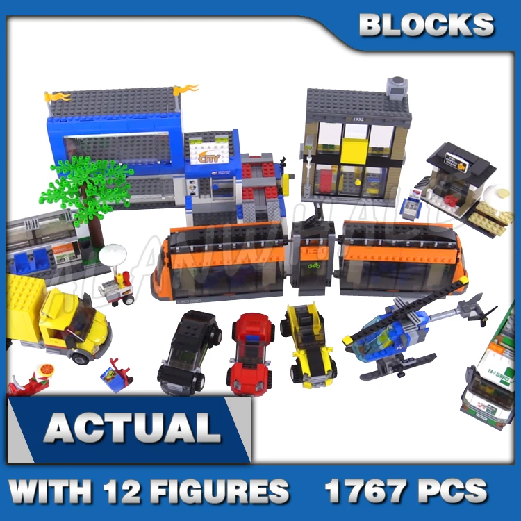 

1767pcs City Square Car Dealership Tram Stop Flatbed Truck Coffee Shop Store 02038 Building Block Sets Compatible With Model