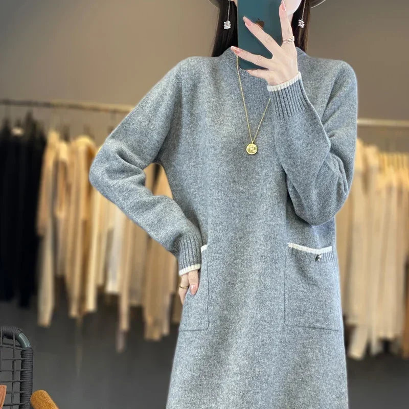 Knitted Sweater Dress for Women, 100% Pure Wool, Round Neck, Matching Color Belt Pocket, Mid-Length Base Skirt, Autumn and Winte