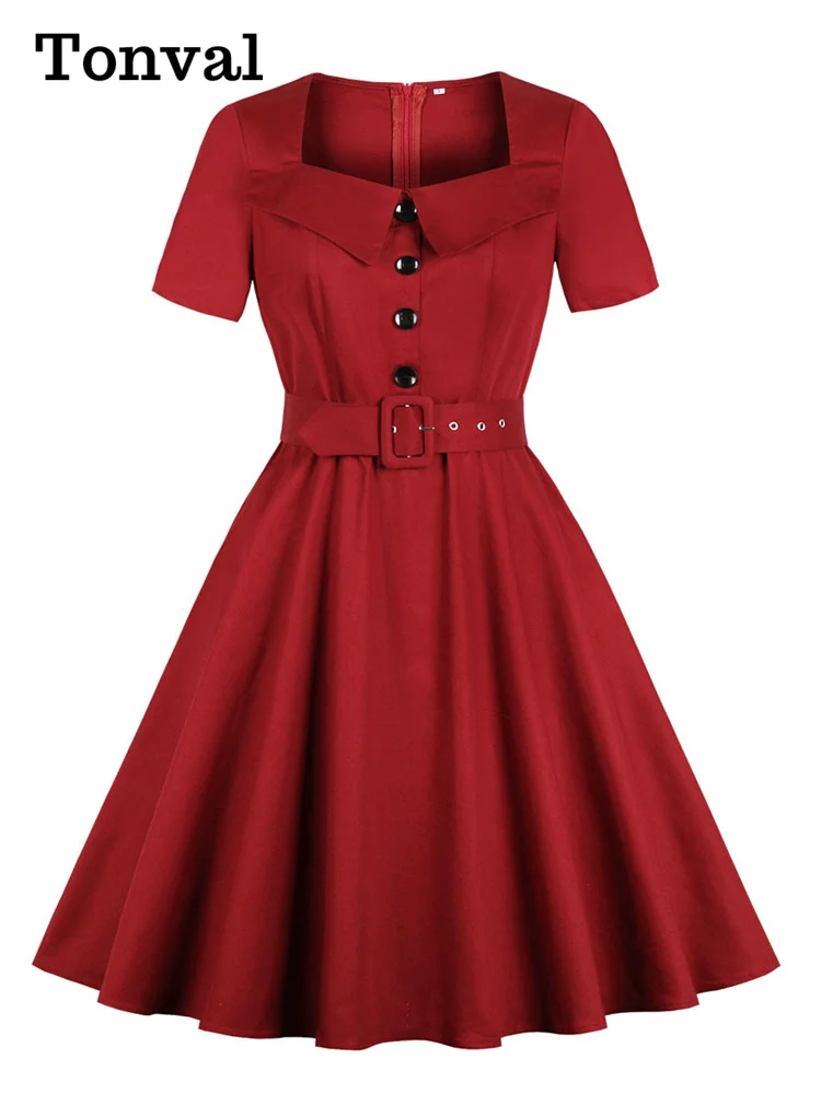Tonval Pinup Women Square Collar Button Front Belted 50s Rockabilly Dress Short Sleeve Pocket Elegant Solid Vintage Dresses