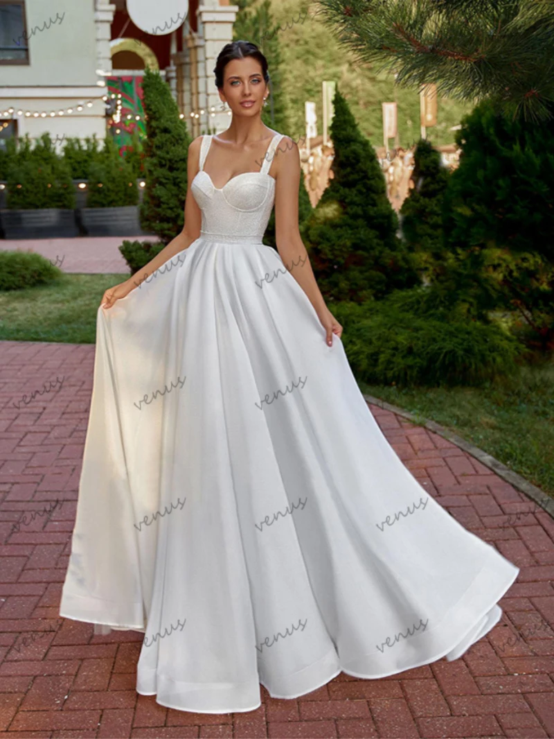 Glamouröse Brautkleider für Frauen A-Linie Satin Brautkleider Spitze Applikationen sexy ärmellose Vintage Vestidos de Novia