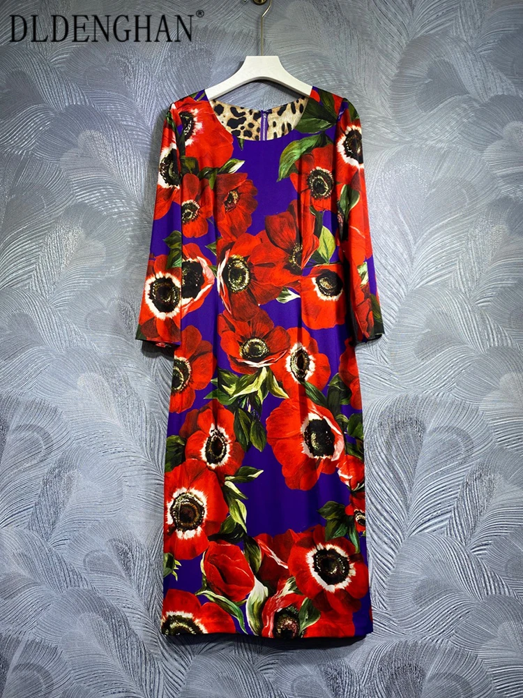 

DLDENGHAN Spring Silk Dress Women O-Neck Long Sleeve Floral Print Elegant Party Split Package Buttocks Dress Designer New
