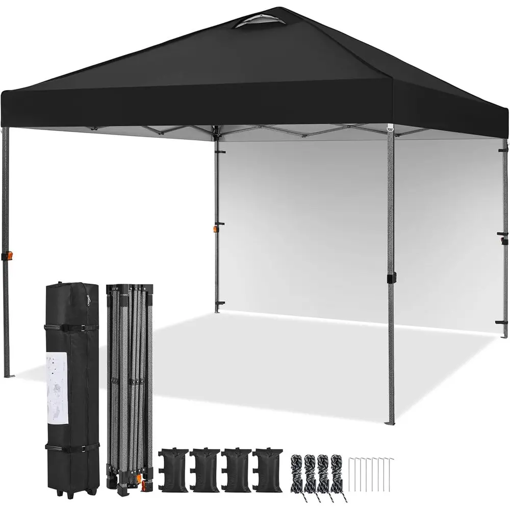 

10x10 FT Pop Up Canopy Tent With 1 Sidewall Instant Commercial 150D Silver Coated Fabric Wheeled Bag 4 Sandbags 8 Stakes 4 Ropes For Parties Camping Beach Black