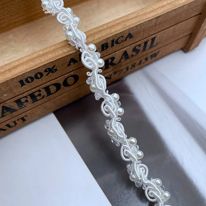1y Pearl Beaded Lace Trim Crystal Braid Ribbon DIY Collar Sewing Garment Belt Wedding Dress Braided Lace Materials White Black