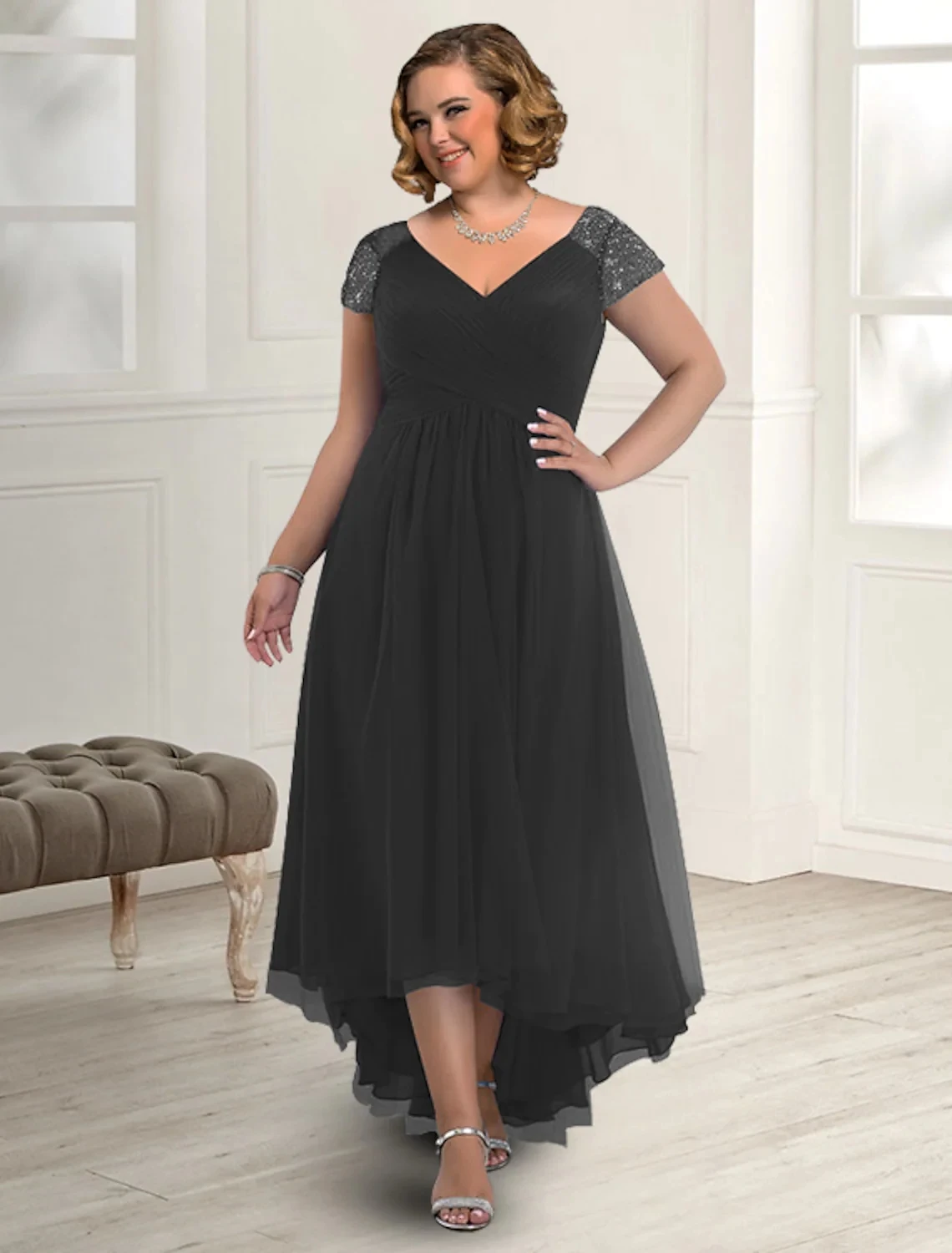 Mother of the Bride Dress Plus Size Elegant V Neck Asymmetrical Long Chiffon Sequin Guest Party Gowns New Robe De Soiree