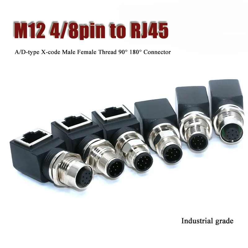 M12 to RJ45 Female Adapter Joint M12 4Pin 8Pin D/X/A-type Gigabit Ethernet Industrial Plug rj45 to M12 Thread 90° 180° Connector