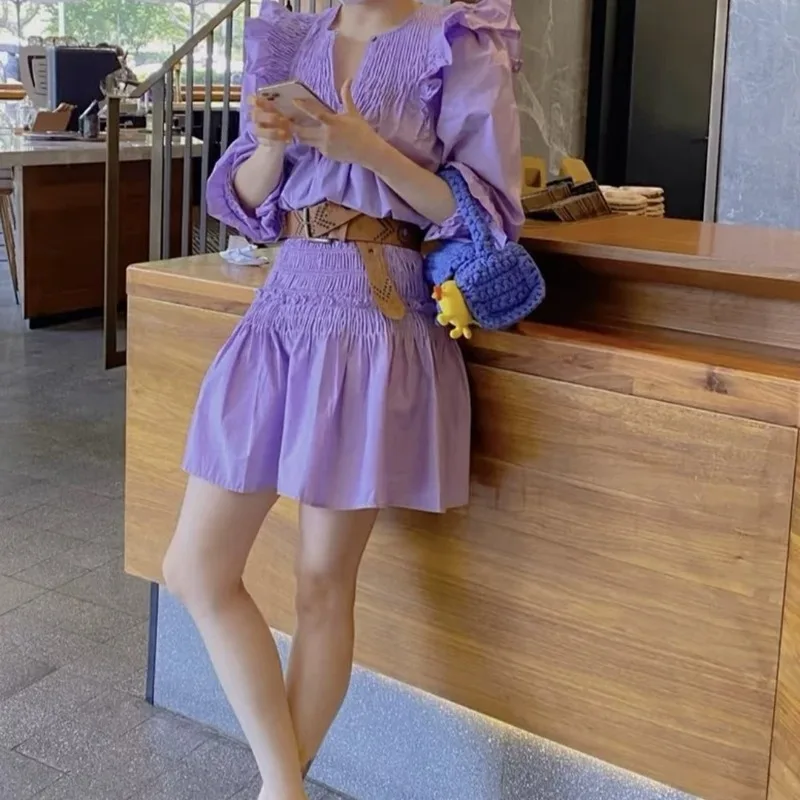 Women 2 Piece Outfit Ruffle Puff Long Sleeve Blouse Smocked Tiered Mini Skirt Casual Matching Set