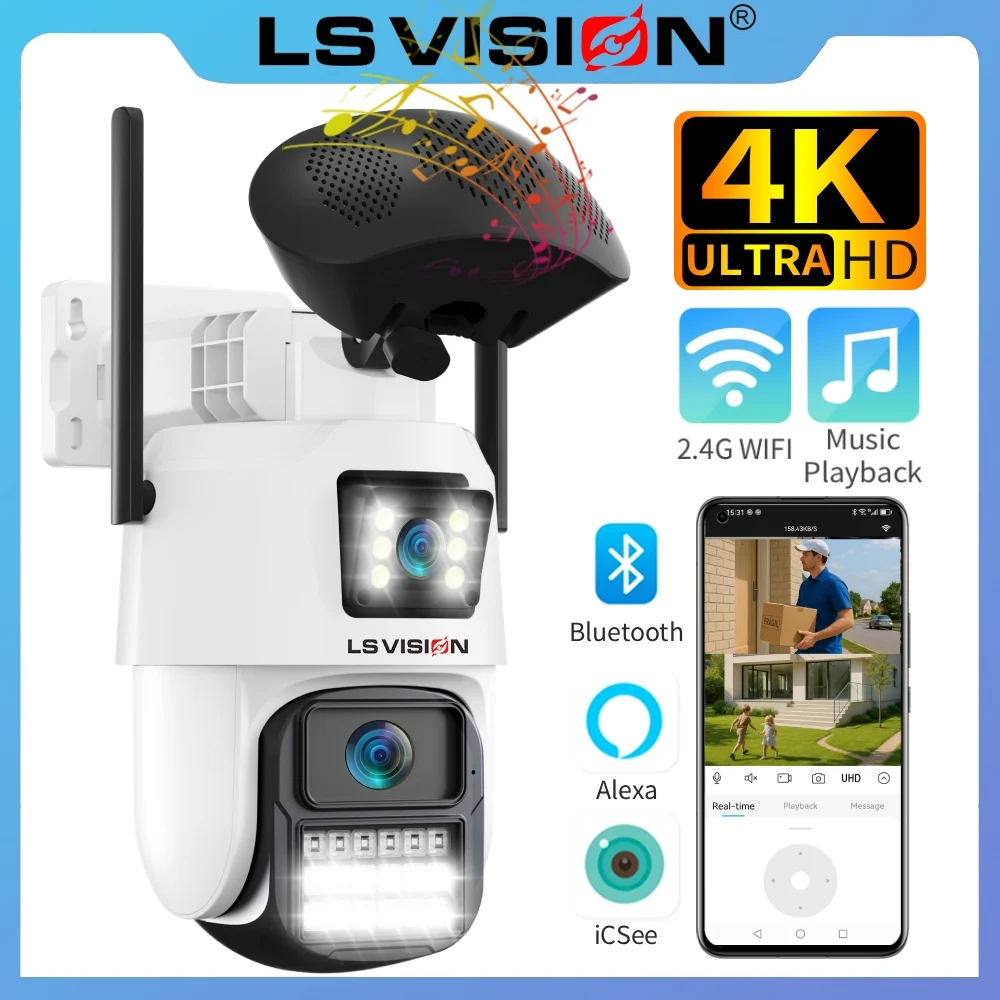 

LS VISION 4K Dual-Screen WiFi IP Camera Bluetooth Music Player CCTV Outdoor Surveillance Cam Auto tracking Wifi Security Monitor